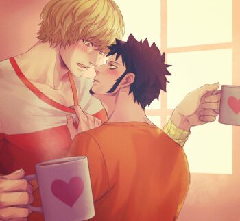 Rule 34 | 2boys, black hair, blonde hair, blush, collarbone, commentary request, cup, donquixote rocinante, facial hair, goatee, holding, holding cup, imminent kiss, long sideburns, male focus, multiple boys, one piece, open mouth, orange shirt, pectoral cleavage, pectorals, red eyes, shirt, shirt tug, short hair, sideburns, trafalgar law, window, yaoi, yuuri (yuri83)
