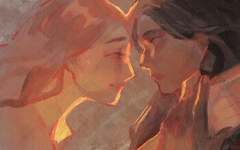 Rule 34 | 2girls, brown eyes, brown hair, commentary, english commentary, forehead-to-forehead, from side, hand on another's neck, hand on another's wrist, heads together, junhuans, long hair, looking at another, missed messages, multiple girls, painterly, pink hair, reaching, reaching towards another, short hair, sidelighting, smile, upper body, yuri