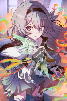 1girl black_hairband cowboy_shot fire firefly_(honkai:_star_rail) frilled_sleeves frills gloves green_skirt grey_hair hair_between_eyes hair_intakes hair_ornament hairband henshin highres holding honkai:_star_rail honkai_(series) long_hair long_sleeves looking_at_viewer multicolored_eyes partially_fingerless_gloves skirt solo two-tone_eyes umidemi