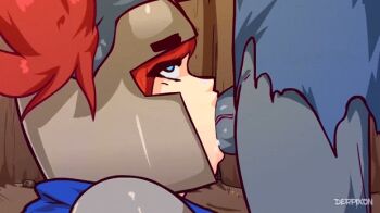 1girl 2boys animated animated_gif blue_eyes cave colored_skin cum cum_in_mouth cum_in_pussy cum_overflow cum_string cumdrip derpixon fantasy fellatio forced girl_on_top goblin goblin_male grabbing_another&#039;s_hair grabbing_another&#039;s_twintails grey_skin hair_through_headwear hand_on_another&#039;s_head helmet hetero holding_another&#039;s_hair irrumatio jean_(fandeltales) multiple_boys multiple_views oral penis pussy pussy_juice rape red_hair reverse_cowgirl_position riding rolling_eyes sex spitroast straddling torn_clothes twintails vaginal