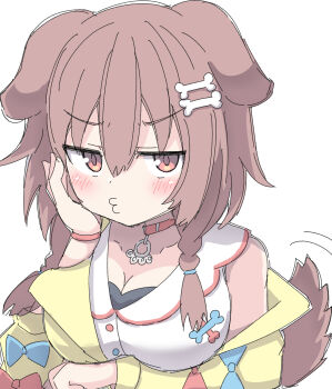 1girl absurdres animal_ears blush bone_hair_ornament braid breasts brown_eyes brown_hair cardigan cartoon_bone cleavage commentary dog_ears dog_girl dog_tail dress hair_ornament highres hololive inugami_korone inugami_korone_(1st_costume) jitome large_breasts long_hair long_sleeves looking_at_viewer simple_background solo tail tail_wagging twin_braids umberblack v-shaped_eyebrows virtual_youtuber white_background white_dress yellow_cardigan