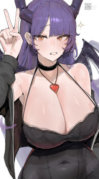 artist_name azz0422 bare_shoulders black_cardigan black_choker blunt_bangs breasts cardigan choker cleavage covered_navel demon_girl demon_horns demon_wings dress earrings eyelashes heart heart_necklace highres horns huge_breasts impossible_clothes impossible_dress jewelry lips long_hair looking_at_viewer narrowed_eyes necklace open_cardigan open_clothes orange_hair original parted_bangs purple_hair qr_code raised_eyebrows sidelocks simple_background smile spaghetti_strap sparkle standing tight_clothes tight_dress v white_background wings zipper