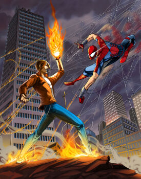 2boys battle brown_hair bug crossover fire highres kusanagi_kyou male_focus marvel multiple_boys pyrokinesis saltheman silk snk spider spider-man spider-man_(series) spider_web the_king_of_fighters