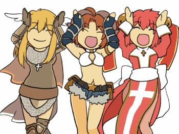 3girls :d animated animated_gif armor armored_skirt back_bow bad_id bad_pixiv_id bell belt belt_buckle belt_pouch bikini bikini_top_only blonde_hair blue_gloves blue_shorts bow breastplate brown_belt brown_cape brown_gloves brown_hair buckle cape caramelldansen chainmail closed_eyes closed_mouth commentary_request cowboy_shot cross dress fingerless_gloves fur-trimmed_shorts fur_trim gloves hair_bell hair_ornament hair_stick high_priest_(ragnarok_online) jingle_bell juliet_sleeves knight_(ragnarok_online) long_hair long_sleeves looping_animation minorigo_flow multiple_girls open_mouth parted_bangs pelvic_curtain pouch puffy_sleeves ragnarok_online red_dress red_hair sash short_hair short_shorts shorts sidelocks simple_background smile star_(symbol) swimsuit two-tone_dress ugoira_conversion white_background white_bikini white_bow white_dress white_sash whitesmith_(ragnarok_online)