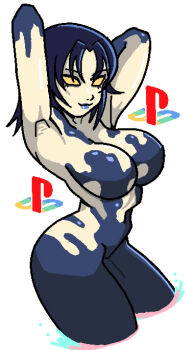 1girl armpits arms_behind_head arms_up blank_eyes blue_hair blue_lips breasts cropped_legs drawbuster kazama_jun large_breasts light_smile playstation_logo solo tagme tekken unknown_(tekken)