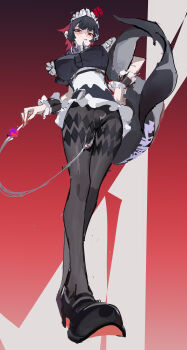 Rule 34 | 1girl, absurdres, anger vein, black hair, black pantyhose, breasts, candy, commentary request, ellen joe, fins, fish tail, food, full body, gradient background, high heels, highres, holding, holding candy, holding food, holding lollipop, large breasts, lollipop, looking at viewer, maid, maid headdress, multicolored hair, pantyhose, red background, red eyes, shaded face, shark girl, shark tail, short hair, simple background, solo, tail, thigh focus, thighs, two-tone hair, yituantuandemianhua, zenless zone zero