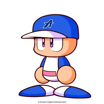 Rule 34 | 1boy, artist request, baseball cap, baseball uniform, belt, blue hat, blue shirt, blue shoes, copyright notice, hat, highres, jikkyou powerful pro yakyuu, jikkyou powerful pro yakyuu (style), male focus, multicolored hat, multicolored shirt, multicolored shoes, no mouth, official art, pink belt, power pro kun, purple eyes, rayman limbs, shirt, shoes, solo, sportswear, two-tone shirt, two-tone shoes, white hat, white shirt, white shoes