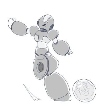 Rule 34 | 1boy, android, armor, ball, from behind, full body, greyscale, helmet, l861021176, male focus, mega man (series), mega man x (series), monochrome, sigma (mega man), simple background, solo, standing, standing on one leg, white background, x (mega man)
