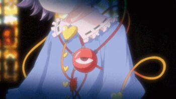 1girl animated animated_gif artist_request blue_shirt buttons eyeball frilled_shirt_collar frills head_out_of_frame heart_button komeiji_satori pink_hair shirt short_hair solo source_request third_eye touhou