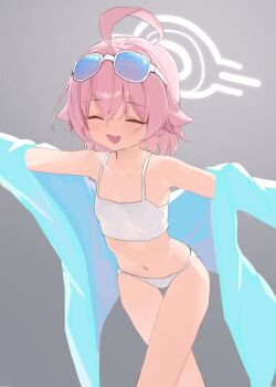 1girl ^_^ ahoge alternate_hairstyle arsyky14 bikini blue_archive blue_jacket blush breasts closed_eyes collarbone eyewear_on_head facing_viewer feet_out_of_frame flat_chest grey_background hair_between_eyes halo hoshino_(blue_archive) hoshino_(swimsuit)_(blue_archive) jacket loli navel official_alternate_costume open_clothes open_mouth outstretched_arms pink_hair pink_halo short_hair simple_background small_breasts smile solo spread_arms sunglasses swimsuit tinted_eyewear white_bikini