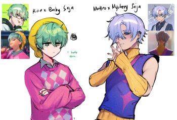 Rule 34 | 2boys, annoyed, baby (kpop demon hunters), baby (kpop demon hunters) (cosplay), blue eyes, blue hair, blue sweater vest, closed mouth, commentary, cosplay, crossed arms, detached sleeves, ear piercing, english commentary, green eyes, green hair, hair between eyes, hair over one eye, heterochromia, highres, kpop demon hunters, long sleeves, looking at viewer, male focus, matteo (silverphantom), multiple boys, mystery (kpop demon hunters), mystery (kpop demon hunters) (cosplay), original, own hands together, parted bangs, parted lips, piercing, pink sweater, rae (ryuuxin), reference inset, ryuuxin, shirt, short hair, simple background, sleeveless, sleeveless shirt, squiggle, sweater, sweater vest, white background, yellow eyes, yellow shirt