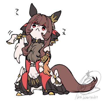 animal_ears animalization artist_name black_bow black_bowtie bow bowtie braid brown_hair commentary creature ear_covers gentildonna_(umamusume) hooves horse_ears horse_girl horse_tail long_hair no_humans red_eyes signature tail takatsuki_nato umamusume