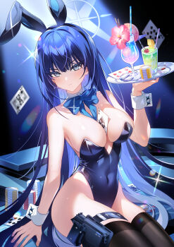 Rule 34 | 1girl, absurdres, ace (playing card), ace of diamonds, alternate costume, animal ears, between breasts, black hair, black leotard, black thighhighs, blue archive, blue bow, blue bowtie, blue eyes, blue halo, blue leotard, bow, bowtie, breasts, card, card between breasts, commentary request, covered navel, cup, detached collar, diamond (shape), drink, drinking glass, drinking straw, fake animal ears, feet out of frame, halo, highleg, highleg leotard, highres, holding, holding tray, holster, large breasts, leotard, long hair, looking at viewer, playboy bunny, playing card, poker chip, queen (playing card), queen of spades (playing card), rabbit ears, sanjidohu, saori (blue archive), sitting, six of hearts, solo, strapless, strapless leotard, sweat, ten of spades, thigh holster, thigh strap, thighhighs, thighs, tray, weapon case, white wrist cuffs, wrist cuffs