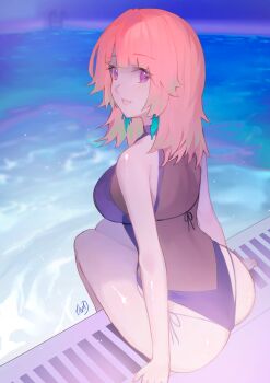 1girl absurdres ass bikini breasts casual_one-piece_swimsuit commentary earrings feather_earrings feathers from_behind gradient_hair green_hair highres hololive hololive_english jewelry large_breasts looking_at_viewer medium_hair multicolored_hair one-piece_swimsuit one-piece_thong open_mouth orange_hair perfume_(takanashi_kiara) pink_eyes pool poolside see-through_clothes see-through_one-piece_swimsuit side-tie_bikini_bottom signature sitting smile solo swimsuit takanashi_kiara turning_head uoca virtual_youtuber