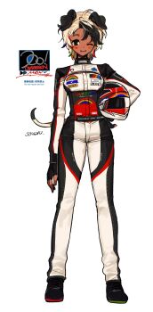 1girl animal_ears black_gloves black_hair black_jacket black_pants black_shoes commentary commission dark-skinned_female dark_skin dog_ears dog_girl dog_tail fingerless_gloves gloves helmet highres holding holding_unworn_helmet jacket looking_at_viewer multicolored_hair multicolored_jacket multicolored_pants one_eye_closed original pants racing_suit shoes simple_background solo soreeyu_(sore-yu) standing symbol-only_commentary tail two-tone_hair unworn_headwear unworn_helmet white_background white_hair white_jacket white_pants