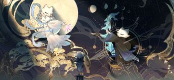 1boy absurdres alternate_costume bow_(weapon) cat_boy cat_girl chinese_clothes chinese_commentary closed_eyes closed_mouth commentary_request dark-skinned_male dark_skin furry furry_female furry_male heng_(nine_sols) highres holding holding_bow_(weapon) holding_weapon inouehasue moon_phases nine_sols painting_(action) painting_(object) shuanshuan_(nine_sols) solo standing tassel weapon white_fur white_hair wide_sleeves yi_(nine_sols)