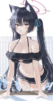 1girl absurdres animal_ear_fluff animal_ears bikini bikini_skirt black_bikini black_hair blue_archive cat_ears extra_ears frilled_bikini frills halo highres k.j. long_hair looking_at_viewer navel off-shoulder_bikini off_shoulder official_alternate_costume partially_submerged poolside red_halo serika_(blue_archive) serika_(swimsuit)_(blue_archive) solo swimsuit twintails