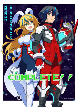 1boy 1girl absurdres alkalinedd android assault_visor black_bodysuit black_hair blaster_master_zero blaster_master_zero_2 blonde_hair blue_eyes blue_hair blush bodysuit breasts coat colored_skin couple eve_(blaster_master_zero) fred_(blaster_master_zero) frog green_eyes grey_eyes grey_skin hair_ribbon helmet hetero heterochromia highres holding holding_hands holding_unworn_helmet jacket jason_frudnick jewelry large_breasts long_hair looking_at_another multicolored_hair one_eye_closed pants pendant pixelated red_jacket red_pants ribbon robot_girl scar scar_on_face short_hair streaked_hair two-tone_hair unworn_helmet white_coat white_ribbon