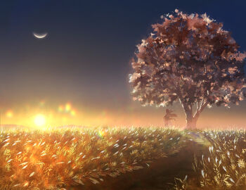 1girl absurdres alternate_hairstyle animal_ears autumn autumn_leaves black_skirt cherry_tree clear_sky commentary crescent_moon detached_sleeves facing_away field floating_hair from_behind full_body grass hat highres inubashiri_momiji landscape large_variant_set leaf lens_flare light_particles long_hair long_skirt moon nature orange_sky oubachiago outdoors path procreate_(medium) red_ribbon red_trim ribbon road scabbard scenery sheath sheathed shirt signature skirt sky sleeveless sleeveless_shirt solo sun sunset sword sword_on_back sword_tassel symbol-only_commentary tail tassel tokin_hat touhou tree variant_set very_wide_shot weapon weapon_on_back white_hair white_shirt white_tail wide_sleeves wolf_ears wolf_girl wolf_tail