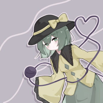 Rule 34 | 1girl, absurdres, black hat, black sailor collar, black trim, bow, buttons, closed mouth, commentary request, diamond button, drop shadow, green skirt, grey outline, hair between eyes, hat, hat bow, heart, highres, komeiji koishi, light blush, long sleeves, outline, sailor collar, sansan (user gdav7873), short hair, skirt, sleeves past fingers, sleeves past wrists, solo, third eye, touhou, yellow bow