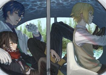 3boys absurdres black_coat black_hair black_pants blonde_hair blue_eyes blue_hair cigarette coat collared_shirt glasses gloves highres holding holding_lighter koze_niire lapels leos_vincent leos_vincent_(1st_costume) lighter long_sleeves male_focus mashiro_meme mashiro_meme_(1st_costume) mouth_hold multiple_boys necktie nijisanji pants reclining red_scarf scarf shirt sitting uzuki_kou uzuki_kou_(3rd_costume) vest virtual_youtuber white_gloves white_shirt wing_collar yellow_eyes