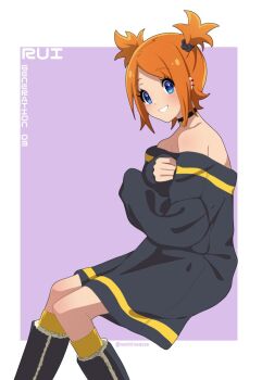 1girl alternate_costume black_boots black_choker black_dress blue_eyes boots border character_name choker commentary_request dress eyelashes from_side grin kneehighs nashirasauce nintendo off_shoulder orange_hair parted_bangs pokemon pokemon_colosseum purple_background rui_(pokemon) smile socks solo teeth twitter_username two_side_up white_border yellow_socks