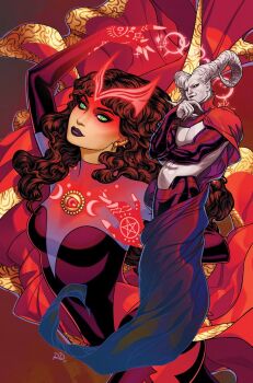 1boy 1girl abs arm_up avengers_(series) bodysuit breasts brown_hair chthon_(marvel) cloak colored_skin comic_cover commentary cover cover_page crescent curly_hair demon_boy earrings elbow_gloves english_commentary fingerless_gloves gloves glowing_headgear glowing_markings gold_earrings green_eyes grey_hair hand_on_own_chin highres horns jewelry long_hair looking_to_the_side magic makeup marvel medium_breasts multicolored_bodysuit muscular muscular_male official_alternate_costume official_art pentagram pointy_ears purple_bodysuit purple_lips red_background red_bodysuit red_cloak red_gloves red_tiara russell_dauterman scarlet_witch skull_earrings textless_version wanda_maximoff western_comics_(style) white_horns white_skin widow's_peak