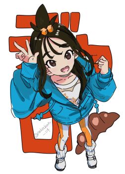 1girl :d anko_(ankochan_114) black_hair blue_hoodie brown_eyes choppy_bangs commentary_request croissant cube_hair_ornament food full_body hair_ornament highres hood hoodie lida_(pokemon) long_hair long_sleeves looking_at_viewer nintendo open_mouth pokemon pokemon_legends:_z-a shoes smile solo standing twitter_username w white_shoes