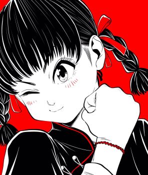 1girl bracelet braid chinese_clothes clenched_hand commentary_request eyelashes greyscale_with_colored_background highres jewelry lee_(dragon_garou) light_blush one_eye_closed original portrait red_background red_ribbon ribbon smile solo spot_color twin_braids v-shaped_eyebrows