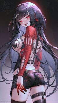 Rule 34 | 1girl, artist logo, babyteethbites, belt, black belt, black hair, black nails, black shorts, blood, blood on hands, breasts, chain, commission, earrings, hair ornament, highres, indie virtual youtuber, jewelry, logo, long hair, looking at viewer, median furrow, open mouth, red eyes, safety pin, shorts, skeb commission, solo, taut clothes, taut shorts, tongue, twitter username, vampire, virtual youtuber, vixylseijin, wing earrings, wing hair ornament