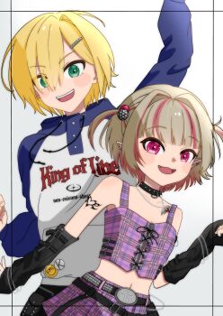 1boy 1girl absurdres arm_belt arm_strap arm_up badge bare_shoulders bat_necklace belt belt_buckle black_arm_warmers black_belt black_collar black_shorts blonde_hair blue_hood blue_sleeves blunt_bangs blush_stickers breasts buckle button_badge chain chain_bracelet chain_necklace cleavage clothes_writing collar collarbone colored_inner_hair crop_top cross-laced_clothes cross-laced_top drawstring earclip fangs green_eyes grey_hair hair_intakes hair_ornament hair_over_one_eye hairclip hand_up heart heart_tattoo highres hood hood_down hoodie jewelry long_sleeves looking_at_viewer makaino_ririmu makaino_ririmu_(6th_costume) midriff min multicolored_hair multicolored_hair_bobbles multiple_belts navel necklace nijisanji no_headwear no_jacket o-ring_collar open_mouth pendant pink_hair pink_skirt pink_streaks plaid_clothes plaid_skirt pleated_skirt pointy_ears print_hoodie raglan_sleeves red_eyes s_ame02 short_hair shorts shoulder_tattoo simple_background skirt sleeveless small_breasts smile spiked_collar spikes standing streaked_hair studded_belt tattoo two-tone_hair two_side_up upper_body uzuki_kou uzuki_kou_(5th_costume) virtual_youtuber white_background white_hoodie wolf_cut zipper zipper_top