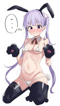 ... 1girl absurdres animal_ears animal_hands bikini black_thighhighs blush breasts closed_mouth commentary_request fake_animal_ears fake_tail gloves highres kneeling micro_bikini navel new_game! paw_gloves purple_eyes purple_hair rabbit_ears rabbit_tail solo spoken_ellipsis steam suzukaze_aoba sweatdrop swimsuit tail thighhighs tori_no_shigure_ni twintails white_background white_bikini