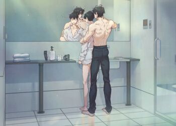 2boys barefoot bathroom black_hair brushing_teeth closed_eyes cup full_body highres indoors kim_dokja looking_at_reflection making_board male_focus mirror multiple_boys no_pants no_shirt omniscient_reader&#039;s_viewpoint oversized_clothes oversized_shirt pectoral_cleavage pectorals shirt short_hair shower_(place) sleepy soap_bottle sparkle standing tile_floor tiles towel white_shirt yaoi yoo_joonghyuk