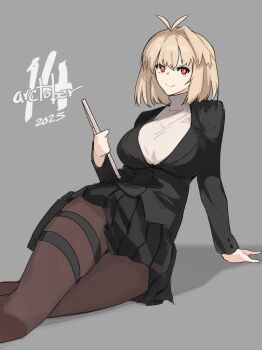 absurdres arcueid_brunestud black_jacket black_pantyhose black_skirt blonde_hair blue_archive breasts bright_pupils colored_skin highres jacket jonyeld large_breasts pantyhose red_eyes rio_(blue_archive) skirt sweater tablet_pc thick_thighs thighs tsukihime turtleneck turtleneck_sweater white_pupils white_skin white_sweater wide_hips
