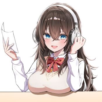 Rule 34 | 1girl, :d, absurdres, blue eyes, bow, bowtie, breast rest, breasts, brown hair, collared shirt, commentary request, crossed bangs, diagonal-striped bow, diagonal-striped bowtie, diagonal-striped clothes, double-parted bangs, hair between eyes, hands up, headphones, highres, holding, holding paper, korean commentary, large breasts, long bangs, long hair, long sleeves, looking at viewer, open mouth, paper, red bow, red bowtie, shirayuki hina, shirt, simple background, smile, solo, stellive, striped bow, striped bowtie, striped clothes, sweater vest, syuri (syuri 1 0), v-neck, virtual youtuber, white background, white shirt, wing collar, yellow sweater vest