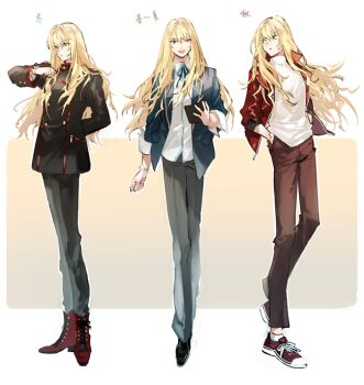 1boy alternate_costume arm_at_side arm_behind_back bishounen black_jacket black_shoes blonde_hair blue_eyes blue_jacket blue_ribbon book boots brown_pants checking_watch clenched_hand closed_mouth collared_jacket commentary_request fate/grand_order fate_(series) full_body grey_pants hair_between_eyes hand_up hands_in_pockets holding holding_book jacket kirschtaria_wodime lace-up_boots long_hair long_legs long_sleeves looking_at_viewer looking_down looking_to_the_side m-tobiei male_focus multiple_views neck_ribbon open_clothes open_jacket open_mouth outline pants popped_collar red_boots red_jacket red_shoes red_trim ribbon shirt shoes simple_background smile sneakers socks standing translated turtleneck turtleneck_shirt watch white_background white_outline white_shirt white_socks wristwatch