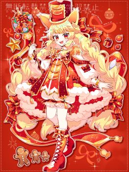 1girl :d absurdres animal_ears blonde_hair bloomers blush boots bow bowtie braid commentary dress fox_ears fox_girl fox_tail full_body fur-trimmed_dress fur_trim hair_bow hat highres holding holding_staff lace-up_boots long_hair long_sleeves looking_at_viewer open_mouth orange_bow orange_bowtie original red_background red_boots red_dress red_eyes red_hat saijo1201 smile solo staff standing tail twin_braids underwear watermark white_bloomers