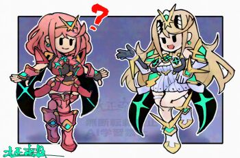2girls breasts highres large_breasts mario_(series) multiple_girls mythra_(xenoblade) nintendo oomasa_teikoku paper_mario parody pyra_(xenoblade) style_parody xenoblade_chronicles_(series) xenoblade_chronicles_2