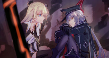 2girls absurdres black_boots black_bow black_coat black_gloves black_hat black_leggings black_necktie black_thighhighs blonde_hair blue_eyes blurry blurry_foreground boots bow coat cowboy_shot crossed_arms duel_monster expressionless facing_another finger_to_face gloves grey_hair hair_bow hand_on_own_cheek hand_on_own_face hat highres kanahibidaisuki kneeling knees_up leggings long_hair long_sleeves looking_at_another low_twintails military_hat military_uniform mountain multiple_girls necktie nervous_smile on_ground on_one_knee outdoors planted planted_sword planted_weapon red_eyes sheath shirt sky_striker_ace_-_raye sky_striker_ace_-_roze smile sword thighhighs twintails weapon white_shirt yu-gi-oh!