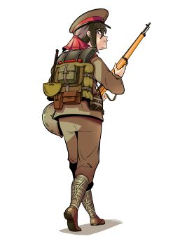 Rule 34 | 1girl, absurdres, arisaka, back, backpack, bag, bolt action, brown eyes, brown hair, closed mouth, commentary request, dayue, gun, hat, helmet, highres, holding, holding gun, holding weapon, imperial japanese army, military, military uniform, original, peaked cap, rifle, second sino-japanese war, simple background, solo, weapon, white background