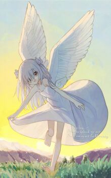 1girl bare_arms barefoot commentary dress feathered_wings grey_eyes hair_over_one_eye long_hair open_mouth original outdoors sleeveless sleeveless_dress smile solo symbol-only_commentary white_dress white_wings wings yuuhagi_(amaretto-no-natsu)