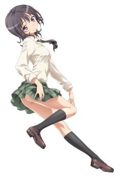 1girl ass black_hair black_necktie black_socks boku_wa_tomodachi_ga_sukunai breasts closed_mouth collared_shirt full_body green_skirt highres kneehighs loafers long_sleeves looking_at_viewer mikazuki_yozora miniskirt necktie official_art plaid_clothes plaid_skirt pleated_skirt purple_eyes school_uniform shirt shoes short_hair simple_background skirt small_breasts socks solo st._chronica_academy_school_uniform thighs watanabe_yoshihiro white_background white_shirt