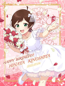 1girl 2023 absurdres ahoge blush border bouquet bow bracelet brown_hair buttons character_name collarbone dress earrings falling_petals flower framed green_eyes hair_ornament hair_ribbon happy_birthday highres holding holding_bouquet idolmaster idolmaster_million_live! idolmaster_million_live!_theater_days jewelry kinoshita_hinata looking_at_viewer applying_manicure nail_polish open_mouth ornate_border pendant petals red_flower red_petals ribbon see-through_clothes see-through_sleeves shiro_(ongrokm) short_hair short_sleeves sidelocks smile solo white_dress white_footwear white_petals