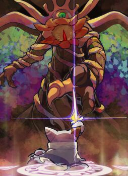 1boy 1other aluuuuu721 commentary_request crown disembodied_hand from_behind gloves highres holding holding_sword holding_weapon interdimensional_magolor kirby's_return_to_dream_land_deluxe kirby_(series) looking_at_another magolor magolor_epilogue master_crown master_crown_(tree) nintendo no_humans one-eyed sparkle sword torn_clothes tree weapon