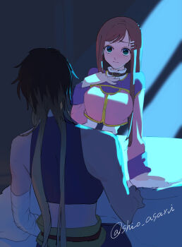 1boy 1girl albel_nox bandaged_arm bandages belt_collar blonde_hair blush breasts brown_hair closed_mouth collar green_eyes hair_ornament hairclip highres long_hair midriff multicolored_hair shiohi sophia_esteed star_ocean star_ocean:_till_the_end_of_time