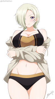 1girl absurdres alternate_breast_size_(larger) alterrealzero black_sports_bra black_sports_panties blonde_hair blush breasts brown_jacket cleavage collarbone commentary_request hair_over_one_eye highres jacket large_breasts looking_at_viewer love_live! love_live!_nijigasaki_high_school_idol_club mia_taylor mia_taylor_(kujibikido_swimsuit) navel orange_sports_bra purple_eyes short_hair signature simple_background solo sports_bra two-tone_sports_bra white_background