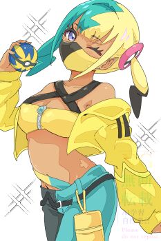 1girl blue_eyes breasts canari_(pokemon) cleavage collarbone commentary_request eyelashes hand_up highres holding holding_poke_ball jacket long_sleeves looking_at_viewer mask mouth_mask multicolored_hair navel nintendo off_shoulder one_eye_closed onihime_takun pants poke_ball pokemon pokemon_legends:_z-a quick_ball short_twintails solo twintails watermark white_background yellow_jacket zipper zipper_pull_tab