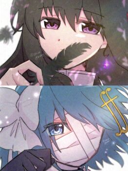 Rule 34 | 2girls, akemi homura, amai yume, bandage on face, bandages, black feathers, black hair, blue eyes, commentary request, covered mouth, earrings, feathers, fortissimo, gem, hair ornament, highres, jewelry, long hair, looking at viewer, mahou shoujo madoka magica, mahou shoujo madoka magica: walpurgis no kaiten, miki sayaka, miki sayaka (magical girl), multiple girls, musical note, musical note hair ornament, one eye covered, portrait, purple eyes, purple gem