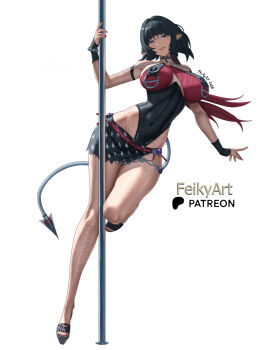 1girl bare_legs bare_shoulders bikini black_hair blue_eyes breasts commentary covered_navel english_commentary feikyart full_body grin highres jane_doe_(nocturne_of_light)_(zenless_zone_zero) jane_doe_(zenless_zone_zero) large_breasts long_hair looking_at_viewer medium_hair mouse_girl mouse_tail multicolored_hair official_alternate_costume pointy_ears pole pole_dancing red_hair sandals simple_background skirt smile solo stripper_pole swimsuit tail two-tone_hair watermark white_background zenless_zone_zero