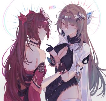 2girls a_r_i_a absurdres asymmetrical_clothes bell black_bodysuit black_choker black_gloves bodysuit breasts brown_hair choker cleavage cleavage_cutout closed_mouth clothing_cutout commentary detached_sleeves dress earrings fox_mask gloves grey_hair hair_between_eyes hair_ornament half_gloves halterneck hand_on_another&#039;s_arm highres honkai:_star_rail honkai_(series) honkai_impact_3rd jewelry large_breasts long_hair looking_at_viewer mask mask_on_head multiple_girls neck_bell red_dress red_eyes signature single_pantsleg smile sparkle_(honkai:_star_rail) very_long_hair vita_(honkai_impact) vita_(lone_planetfarer)_(honkai_impact) white_background yellow_pupils